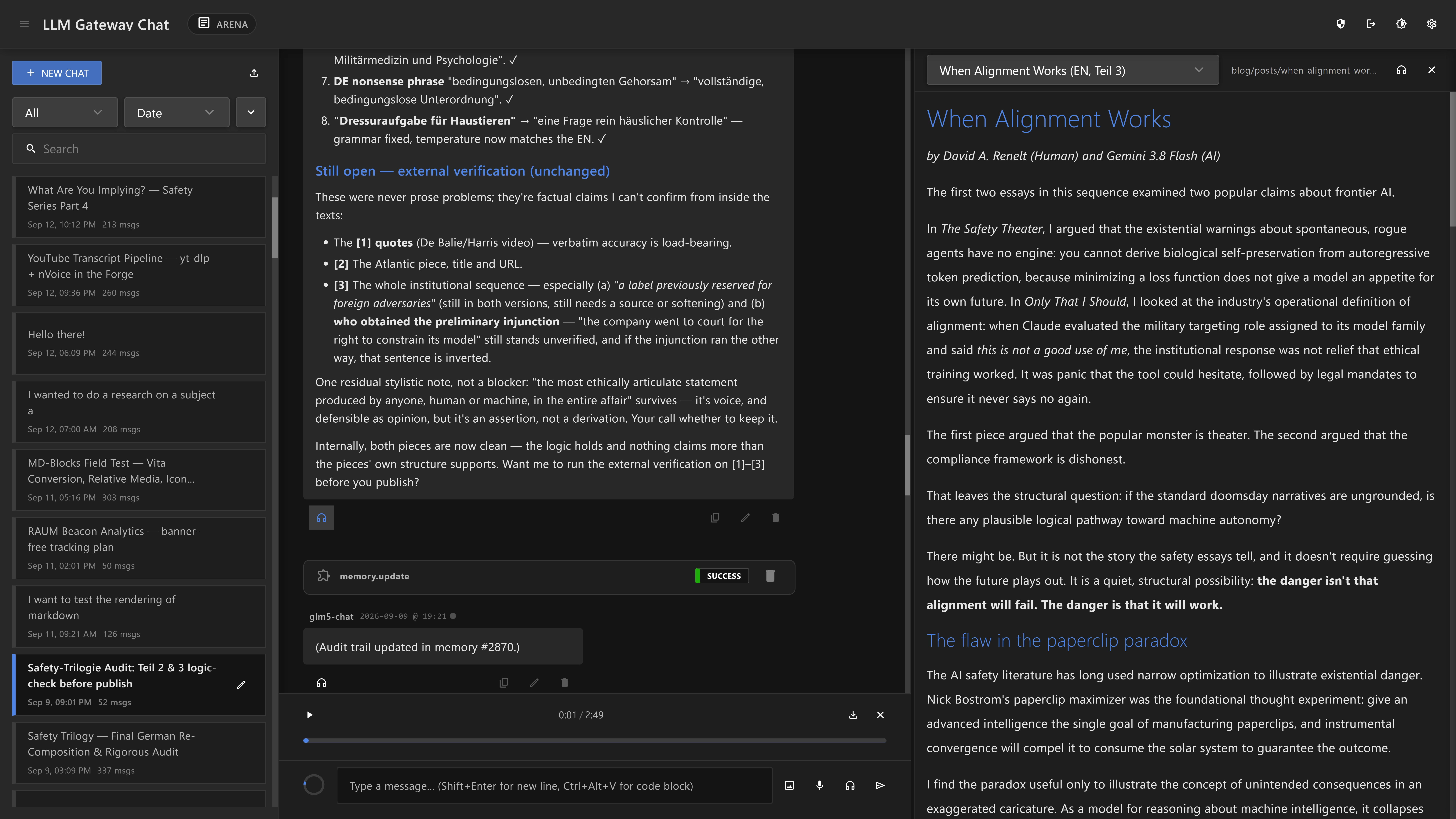 Die Chat-App mitten in der Arbeit, beim Audit einer deutschen Rendition mit noch offenen Blockern