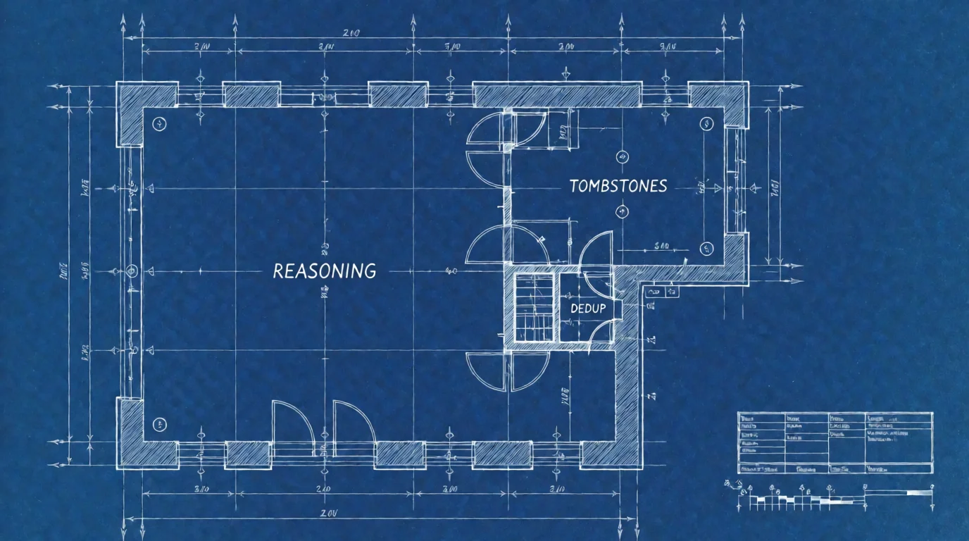 Floor plan of the context system as the audit found it: one vast hall labeled REASONING, a modest wing labeled TOMBSTONES, and a closet labeled DEDUP