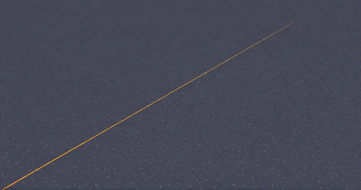 A single unbroken amber trajectory rising through a field of gray static, aimed at something above the frame
