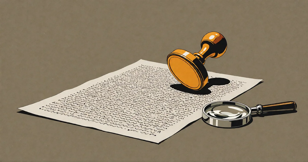 Ein großer bernsteinfarbener Stempel drückt ein Siegel auf eine Seite dichten, unleserlichen Gekritzels, eine unbenutzte Lupe liegt daneben
