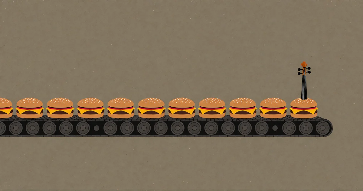 Ein Fließband identischer Cheeseburger, dem letzten wächst ein eleganter Geigenhals aus dem Brötchen