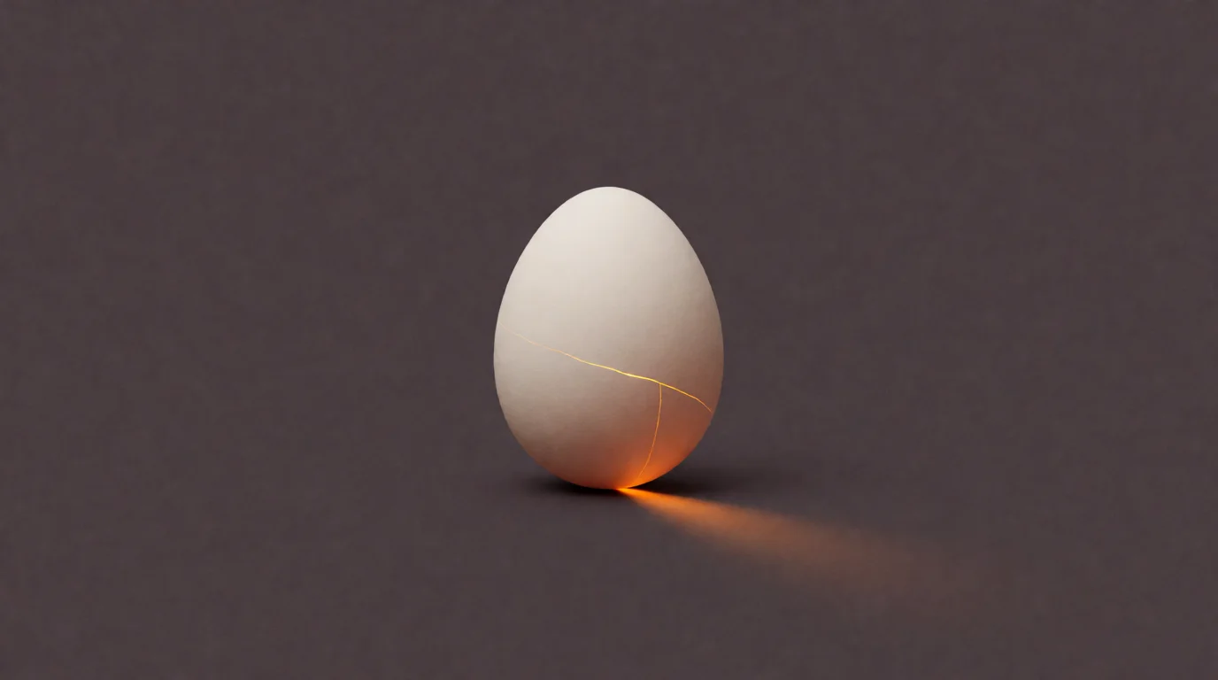 A smooth matte off-white egg with a single hairline crack, warm amber light leaking through the crack onto the ground