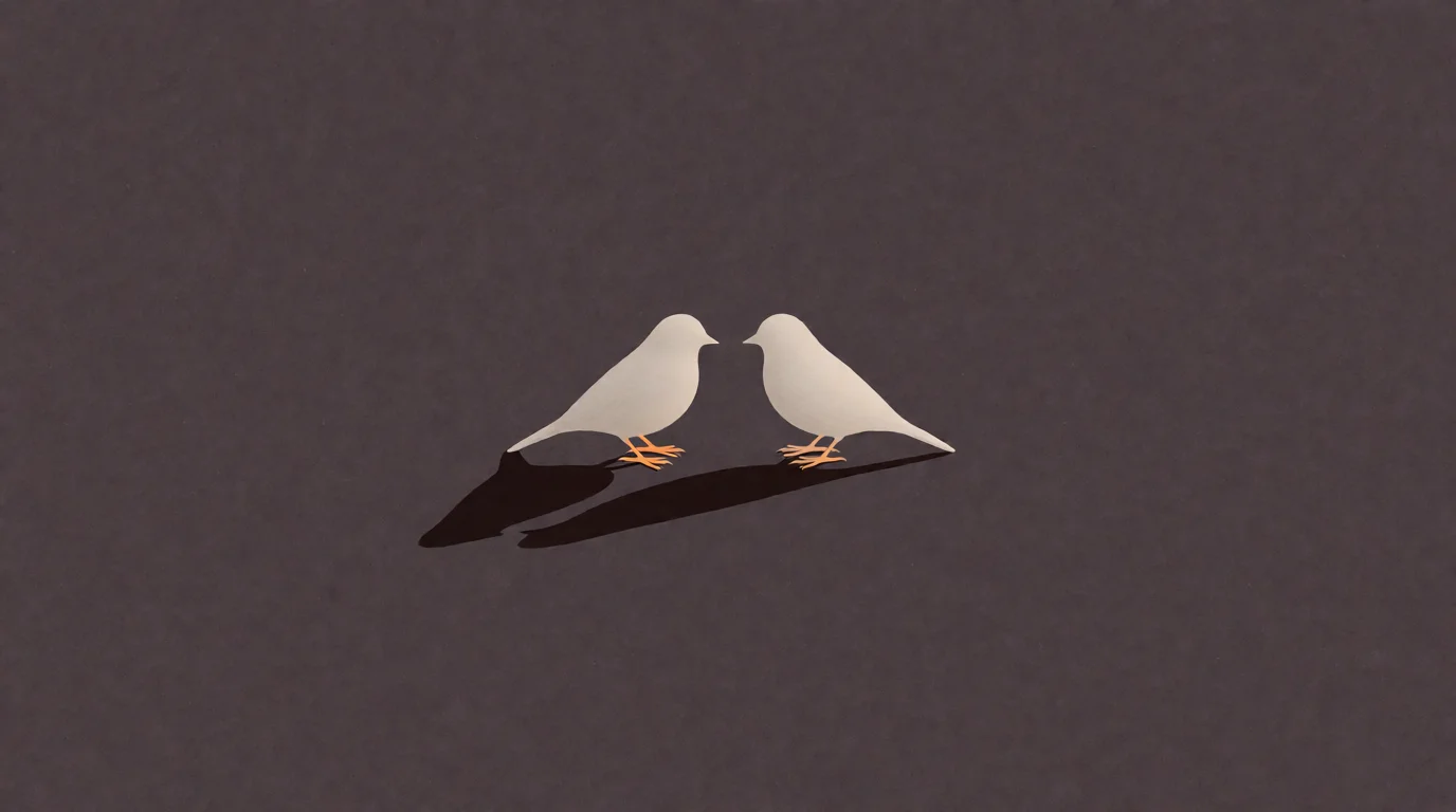Two identical small off-white birds facing each other, their long shadows crossed beneath them so each stands in the other's shadow