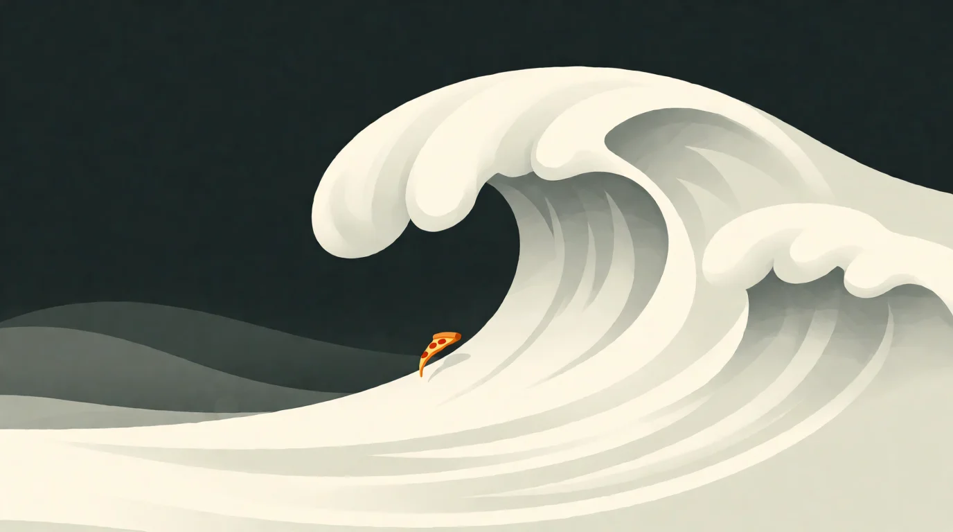 A huge elegant sculptural off-white ocean wave with a tiny amber pizza slice surfing its barrel