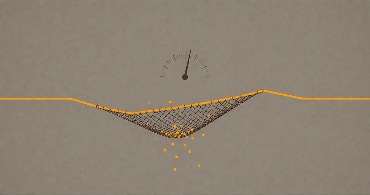 An amber line dipping off its path into a woven safety net that catches fallen dots, a gauge needle set carefully low above