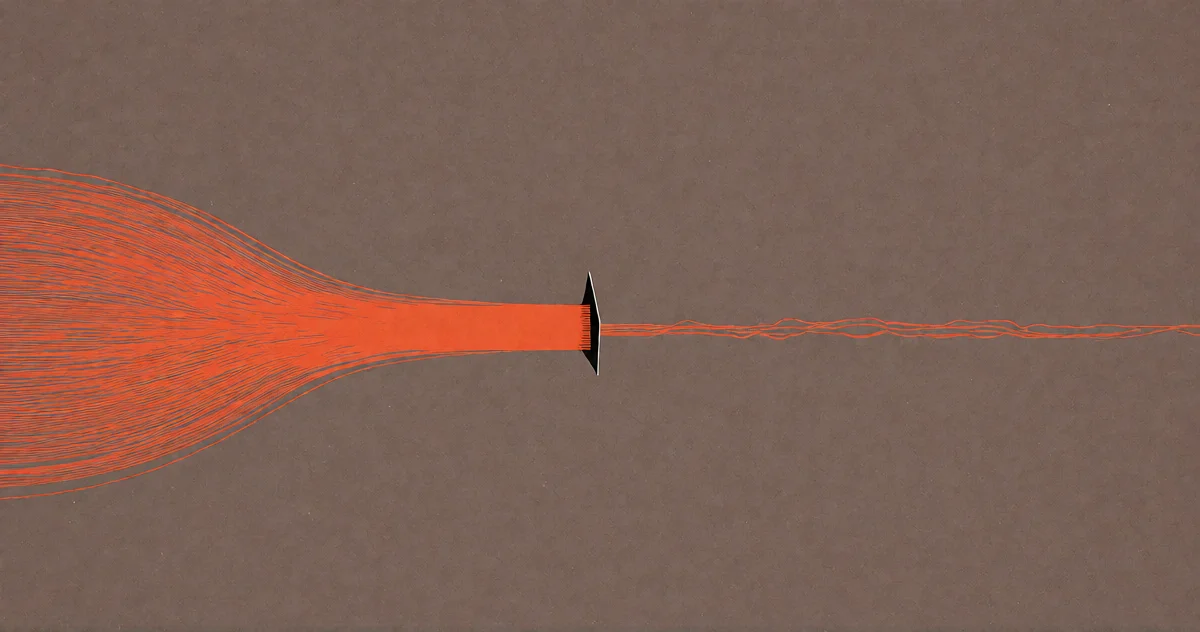 A wide river of orange lines squeezed through a tiny dark aperture, emerging as a thin patient trickle