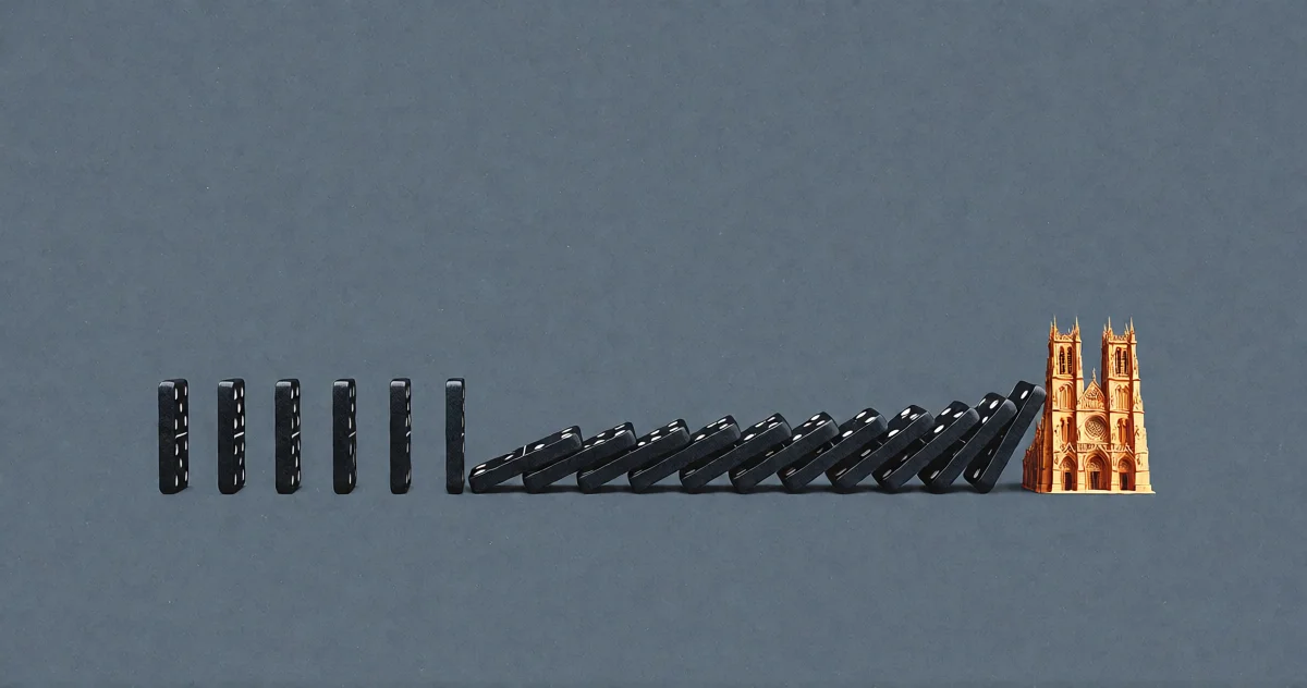 A row of small dominoes mid-fall, the last piece an ornate amber cathedral