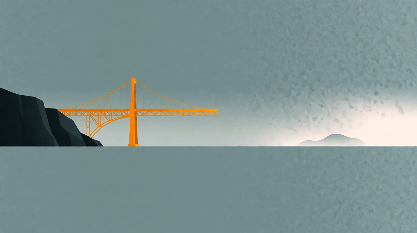 Eine prächtige bernsteinfarbene Brücke führt entschlossen von einer Klippe ins Leere, während ihr Ziel erst Gestalt annimmt