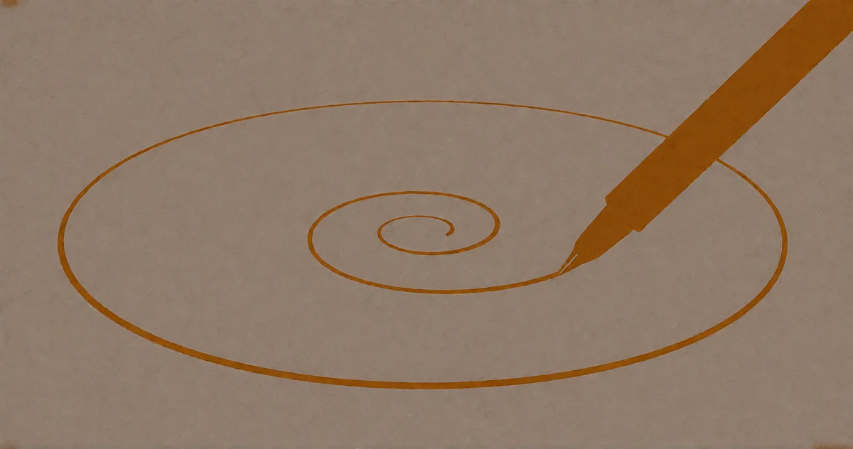 A single unbroken amber line spiraling inward and becoming the pen that draws it