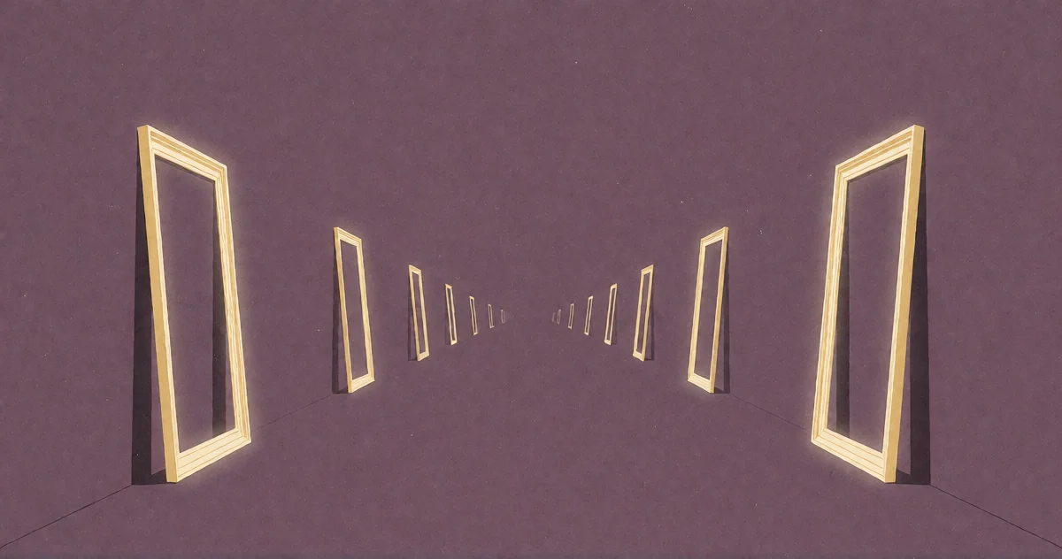 Two empty golden picture frames facing each other across an empty plum room, infinite smaller frames receding between them