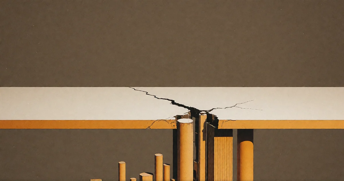 A smooth level surface with a jagged crack revealing columns of wildly unequal heights beneath