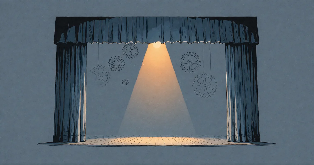 An open theater curtain revealing an empty stage lit by a single amber spotlight, gears hanging as mere props