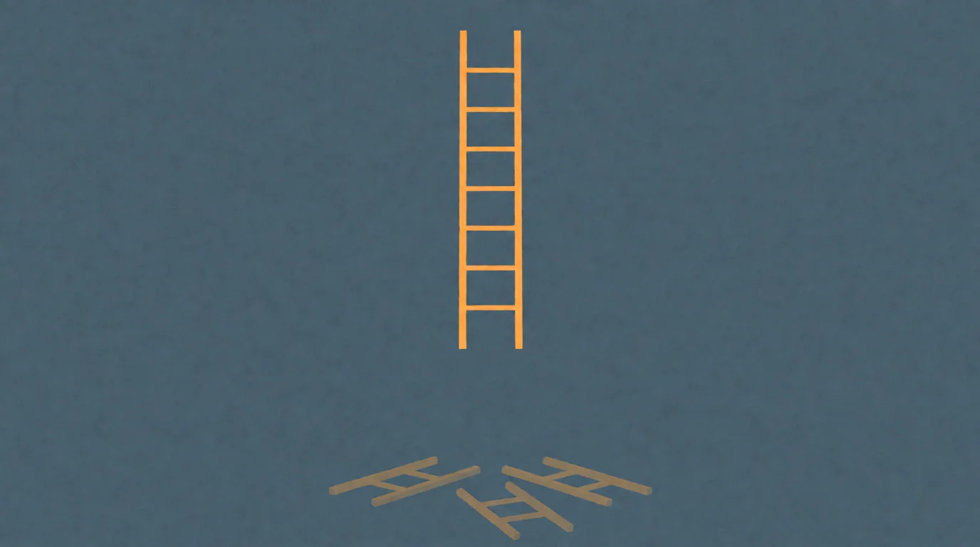 A tall amber ladder floating above three fallen rung fragments on a slate-blue background