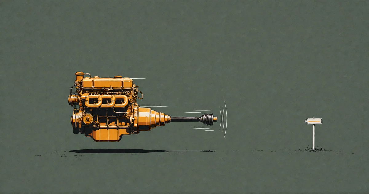 A polished amber engine floating idle, its driveshaft spinning free in empty air, a small signpost pointing nowhere
