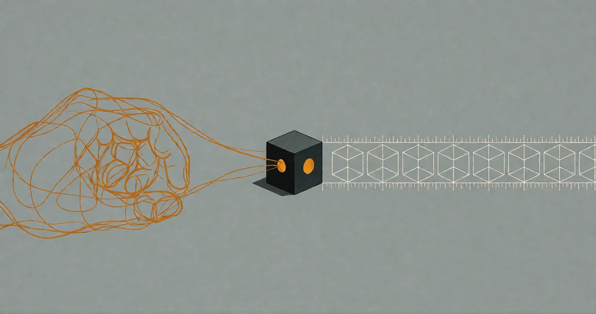 A loose amber scribble funneled through a dark monolith, emerging as a measured row of identical wireframe cubes