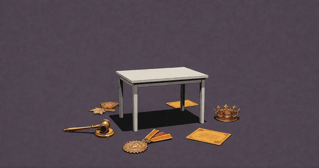 Five ornate verdicts — a gavel, a medal, a seal, a certificate, a crown — scattered unused on the floor around a plain, empty, waiting table