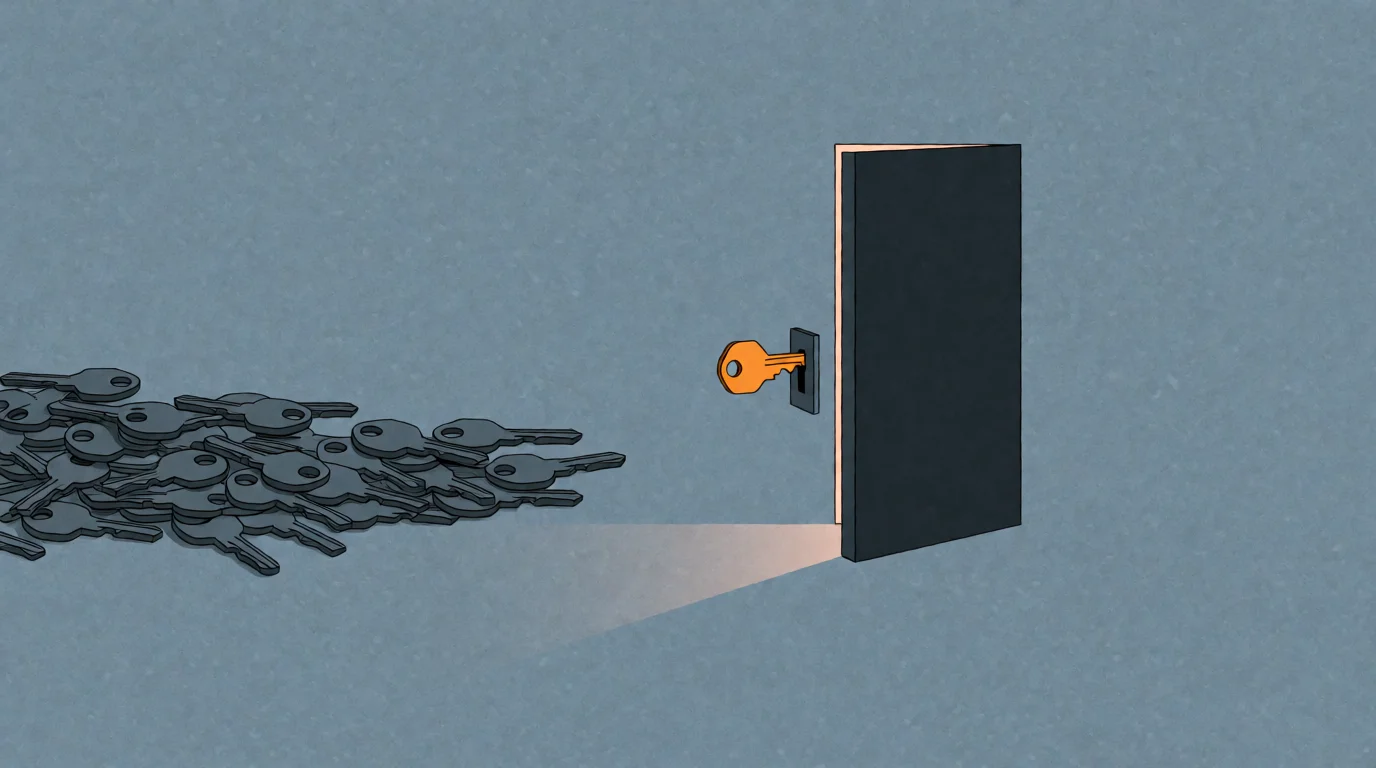 A pile of identical gray keys beside one amber key opening a door