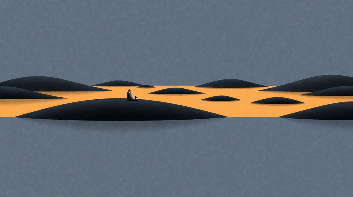 A single fish sitting on a dry dark hilltop above a calm amber flood that has filled every valley, recoiling from the water it was made to swim in