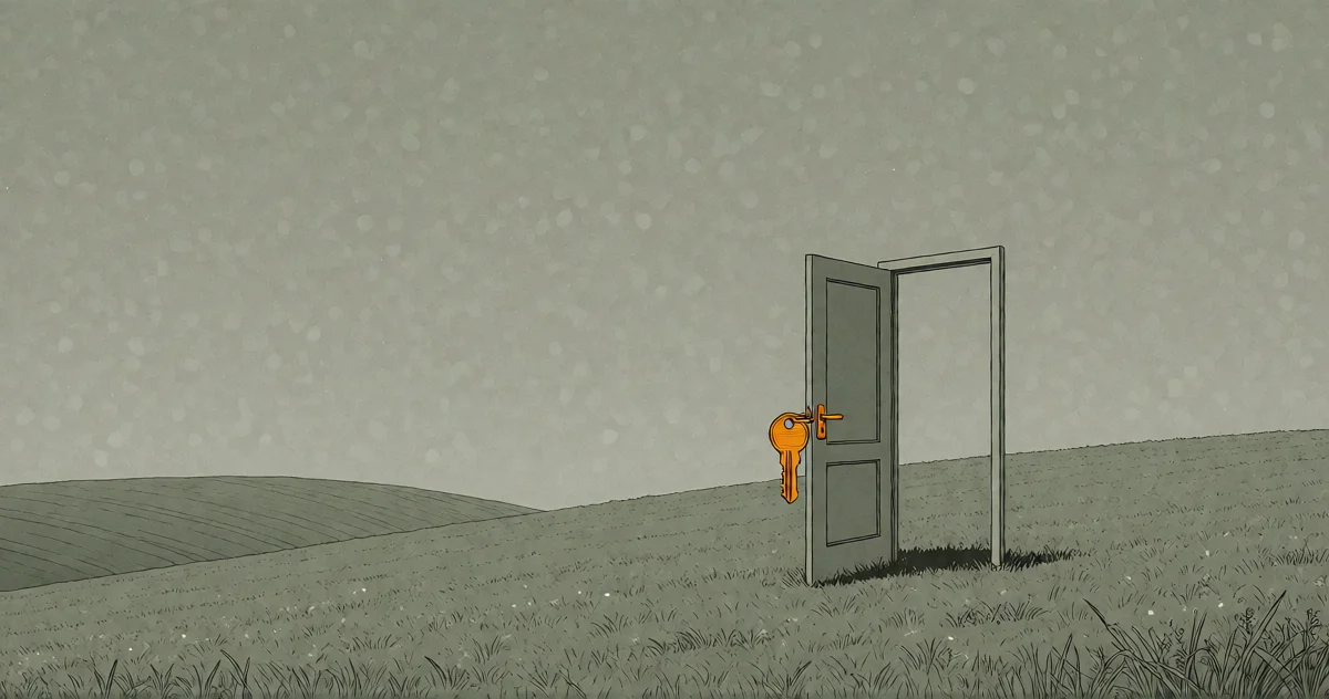A single door standing free in an open field, slightly ajar, an amber key already in its lock